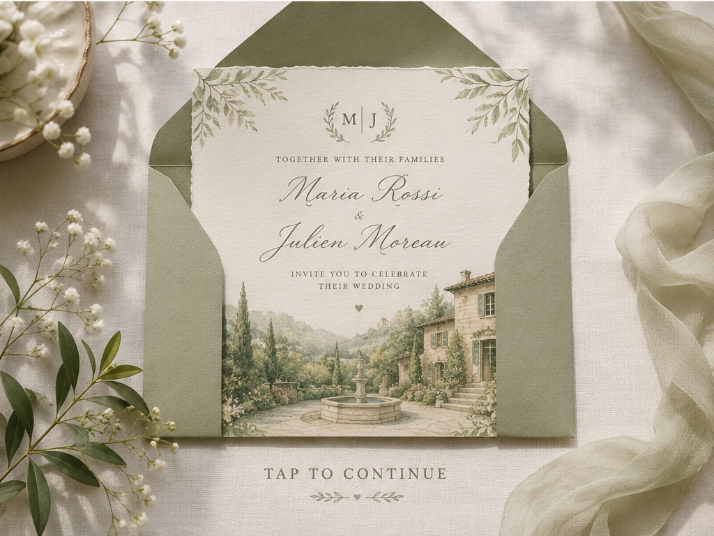Opened sage envelope with invitation